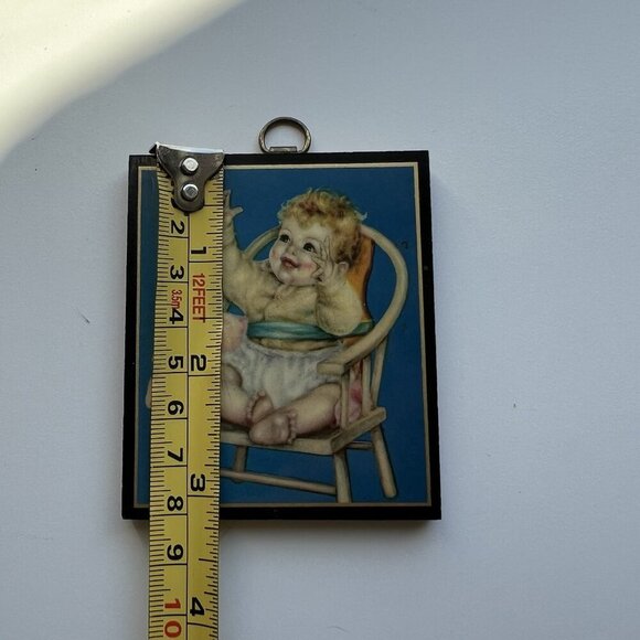 Wood Plaque Wall Decor, Charlotte Becker, Baby In Chair, 3.25"x2.75" Vintage - Picture 11 of 12